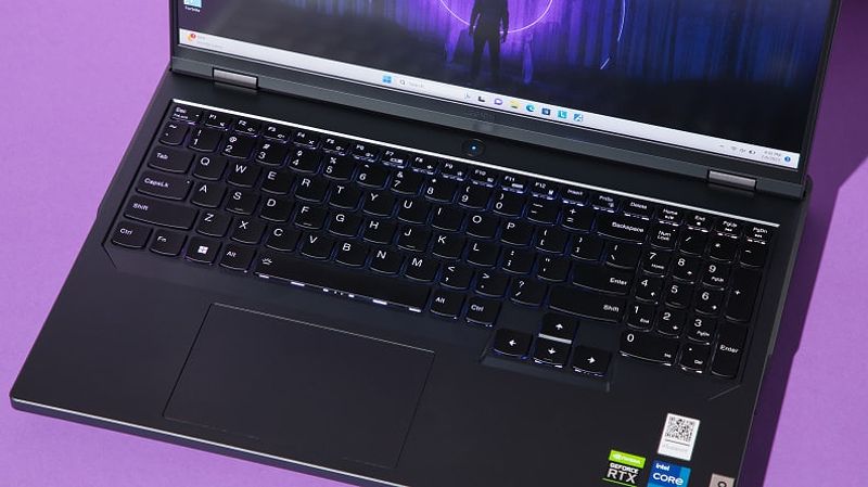 Close-up of the black keyboard and trackpad on the Lenovo Legion Pro 5i